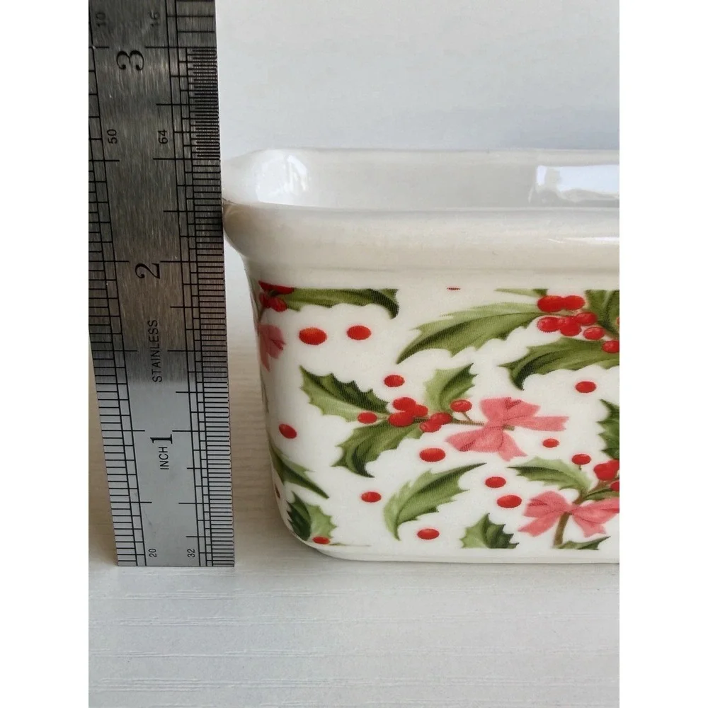 Set of 3 Christmas Mini Loaf Pans Holly Ceramic Oven Safe Baking Dish Gift New